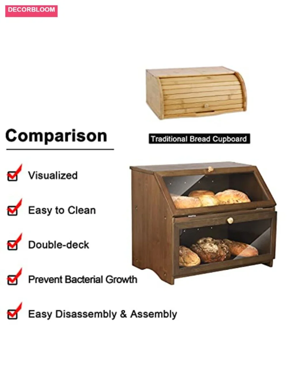 Double Layer Bamboo Bread Box with See-Through Window, Large Storage
